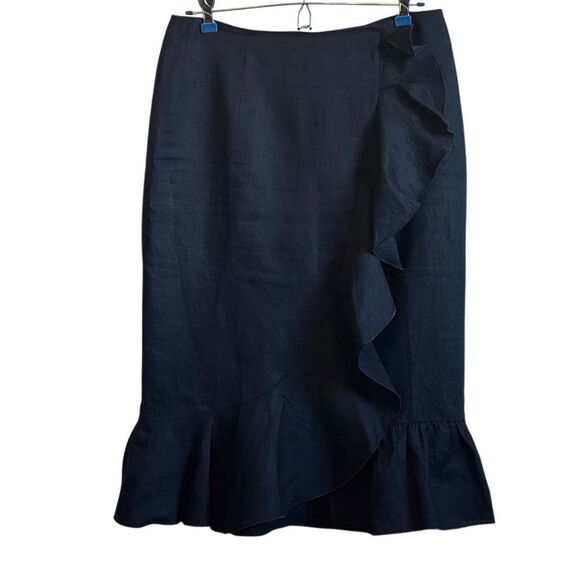 Boden Pencil Navy Side Ruffle Linen Lined Skirt 6 - Picture 1 of 7